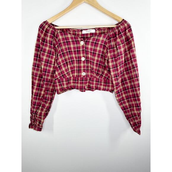Eggka Peasant Milkmaid Crop Top Red Cream Plaid Long Sleeve Button Front Small - Picture 1 of 7